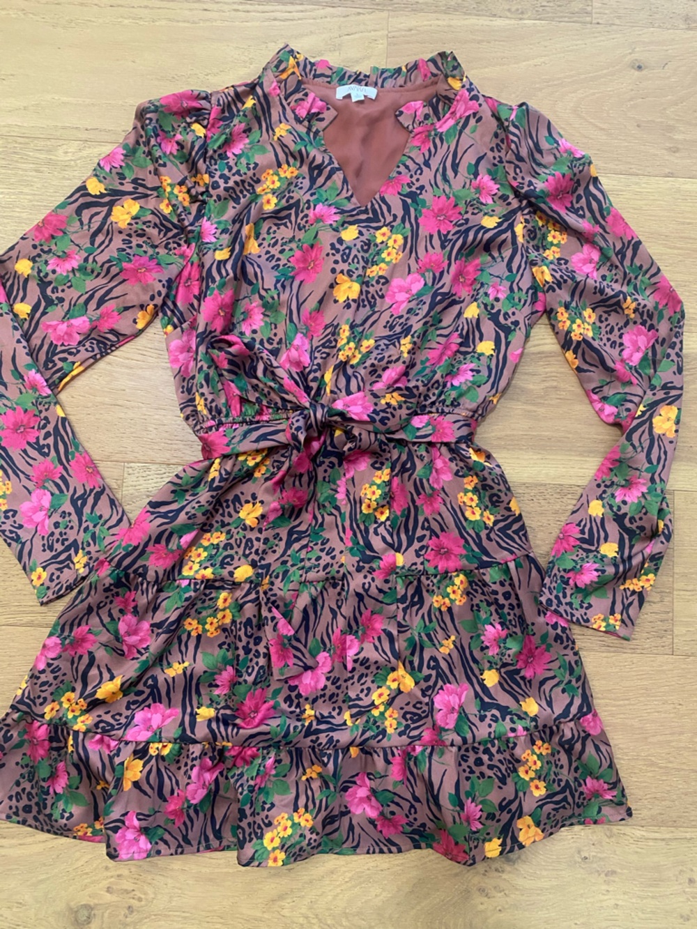 Avara Animal Print floral Tiered Tie Dress - Pink & Brown women’s L Like New